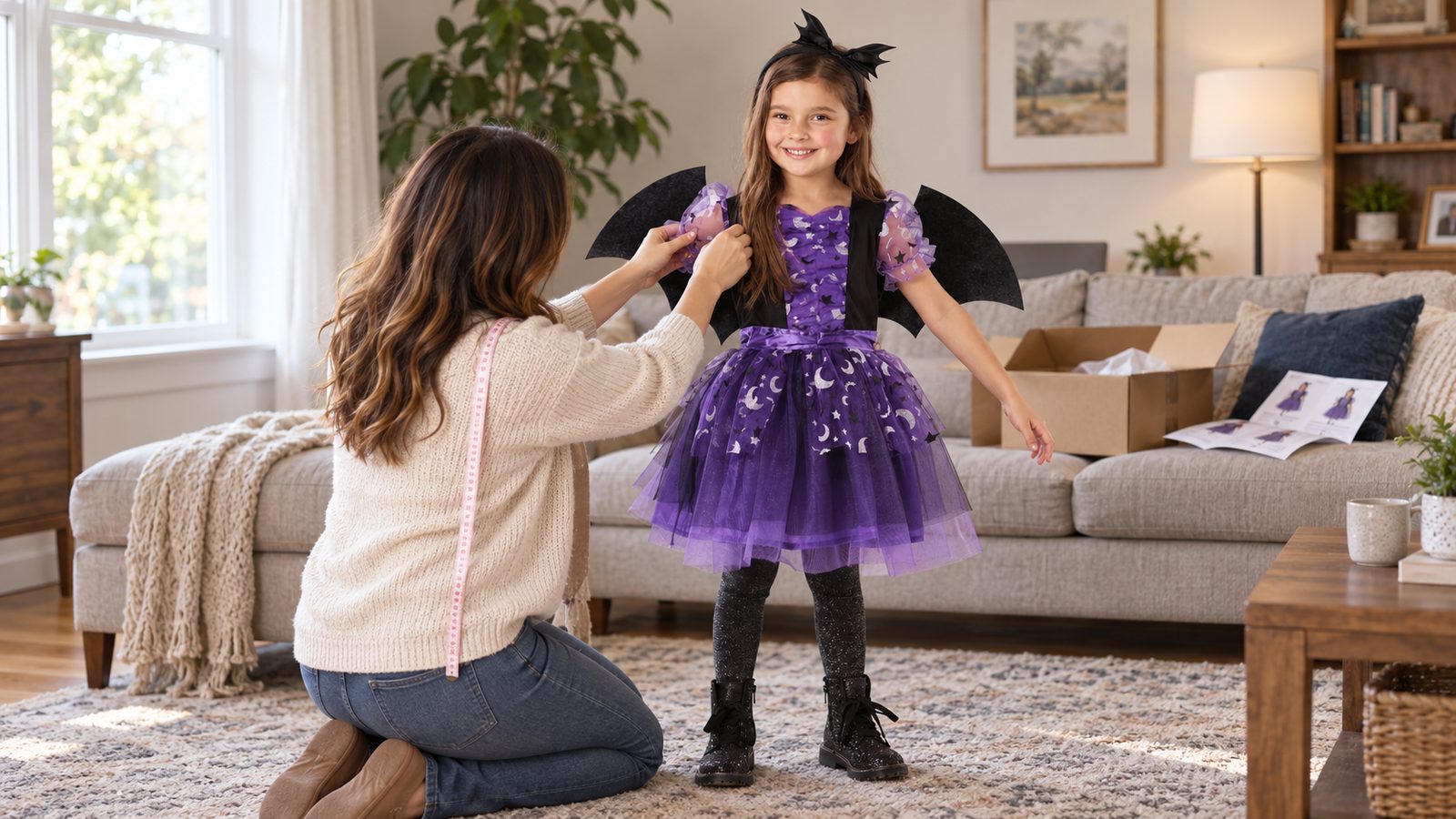 A parent kneeling in a living room checking the fit of a purple bat costume dress on a girl a week before Halloween, with the costume box and a tape measure on the sofa beside them