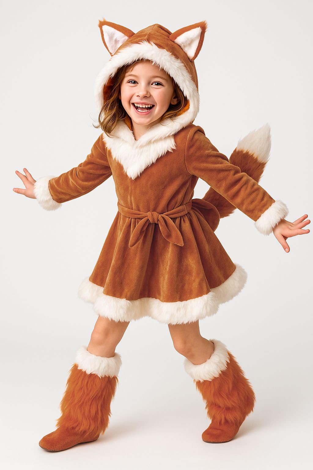 Girl in a rust-brown plush fox dress with a fox-ear hood, white fur trim at the hood, cuffs, and hem, a tie belt, a white-tipped fluffy tail, and fluffy boot covers