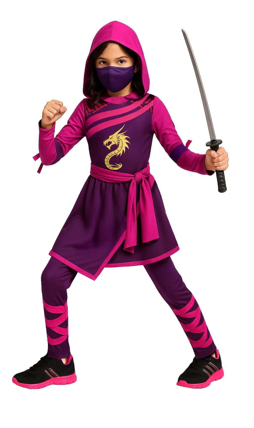 Girl in a magenta and purple ninja warrior costume with a hood, a purple face mask, a gold dragon print on the top, a tie belt, a wrap skirt, lace-print leggings, and a silver foam sword