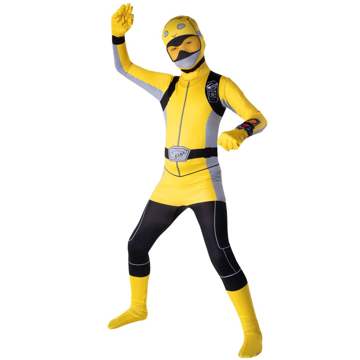 Child in a Kids Yellow Beast Morpher Power Ranger Morphsuit, a yellow full-body suit with black shoulder straps, gray side panels, a printed chest badge and belt buckle, black legs, and a yellow hood with a printed see-through visor