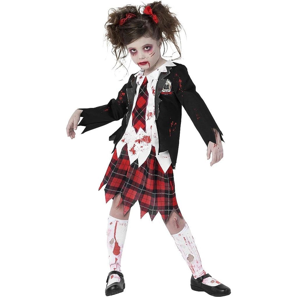 Girl in a zombie school girl costume with a black distressed blazer with a jagged hem and red splatter print, an attached white shirt and red plaid tie, and a red plaid pleated skirt