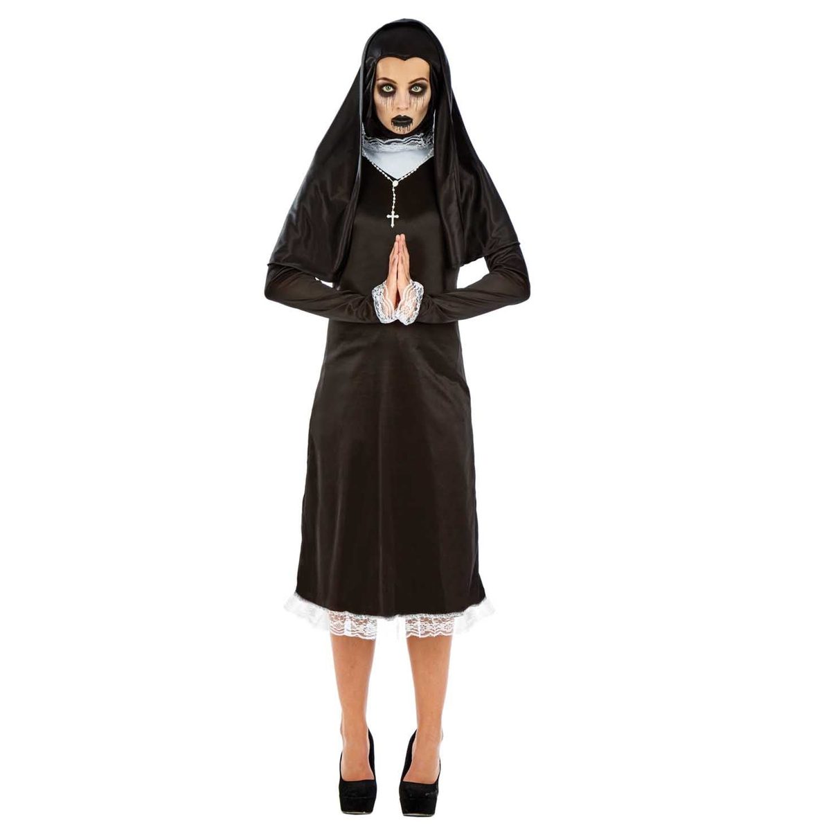 Woman wearing a black gothic nun costume with white lace trim, a black habit, and a string of beads with an attached cross