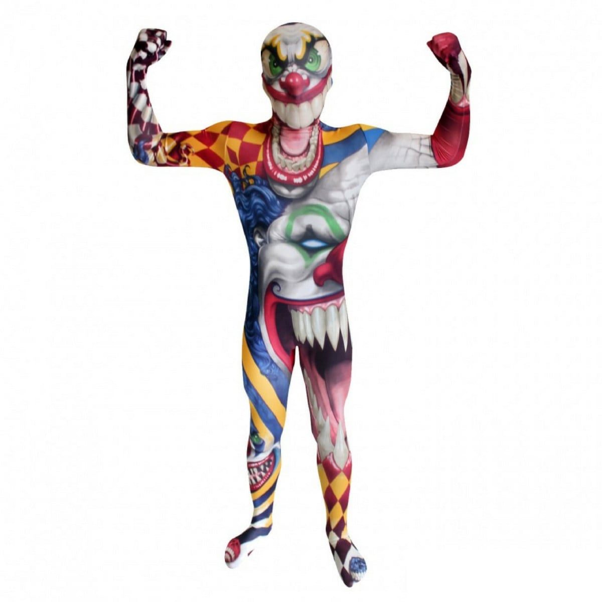 Child wearing a full-body Morphsuit with an evil clown face and harlequin diamond pattern printed over the entire suit, including the head, in a sharp-toothed scary clown design