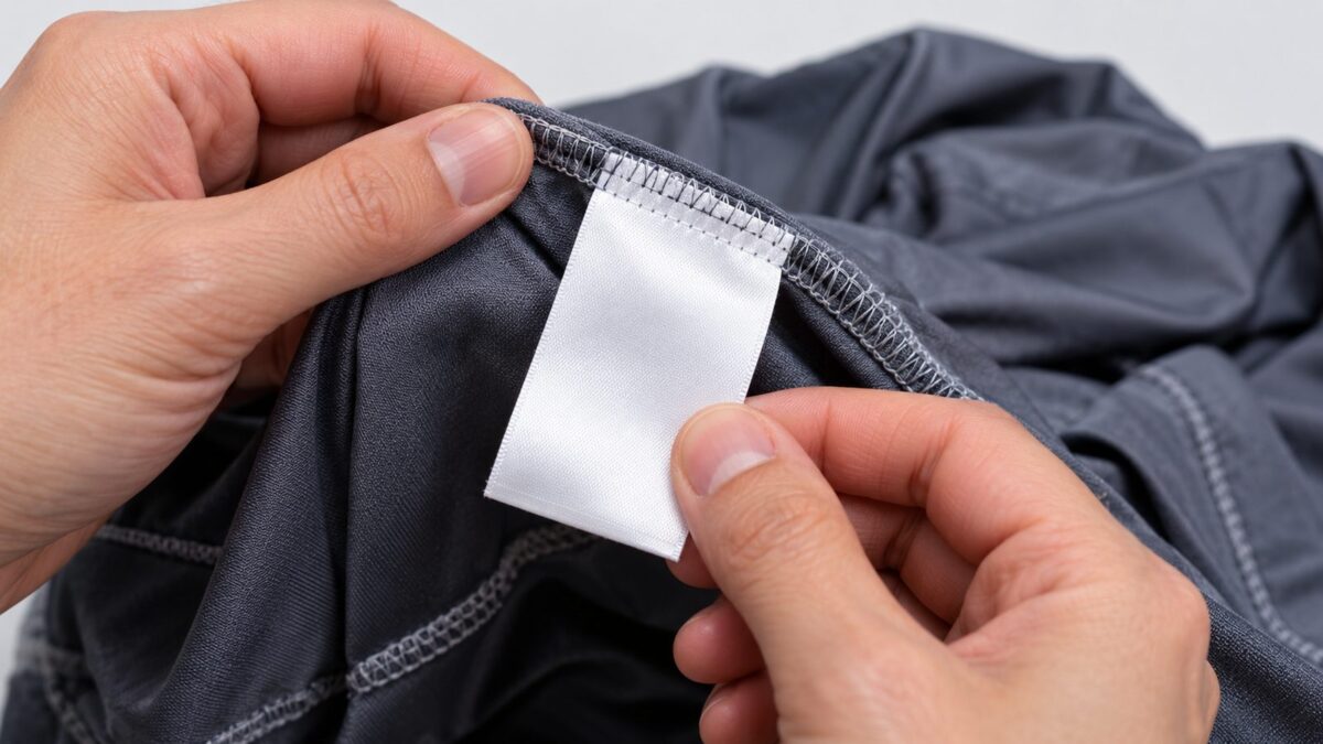 Close-up of two hands holding open a sewn-in fabric care and safety label on a folded stretch costume, checking it before purchase