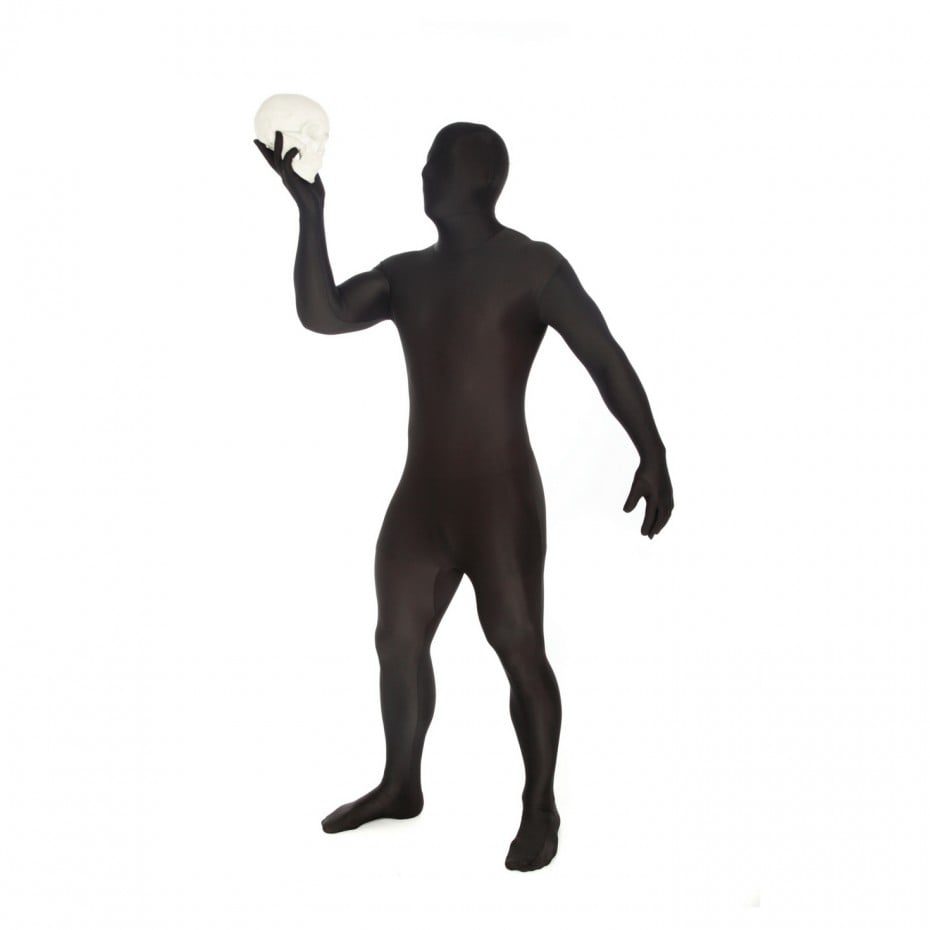 Person wearing a black full-body Morphsuit, standing and holding a small white skull prop