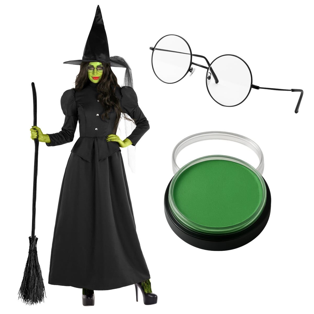 Woman with green witch face paint wearing a black dress with a peplum waist and a matching pointed hat with mesh veil, holding a broom, beside the included glasses and green face paint pot