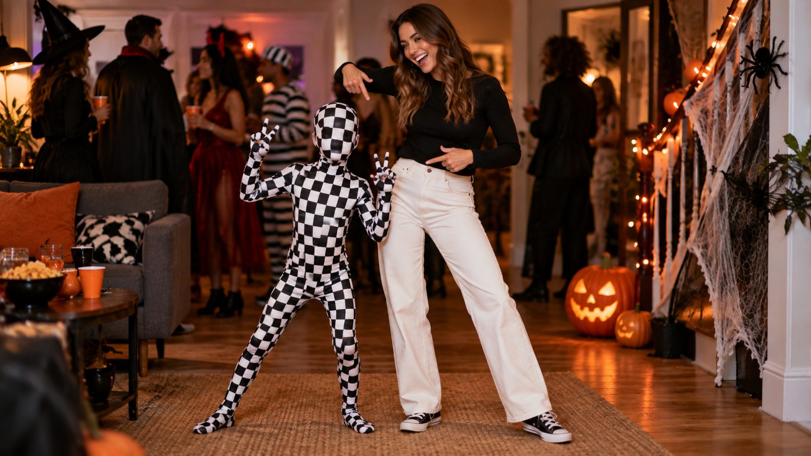 A child wearing a black and white checkerboard-print full-body Morphsuit standing next to an adult in plain black and white clothing