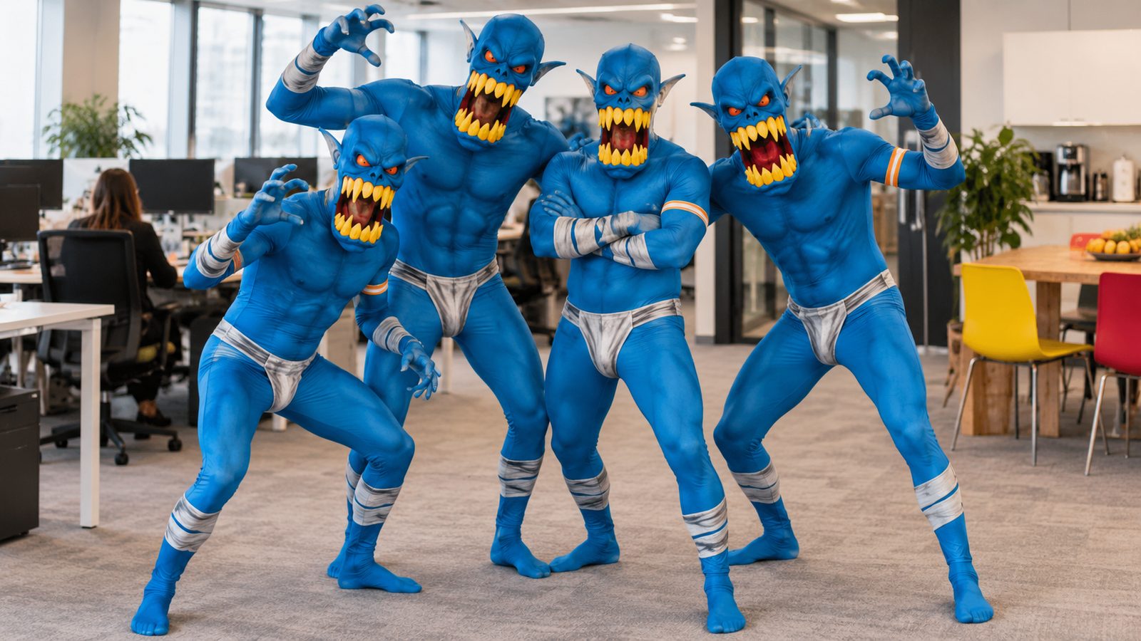 Five adults in matching blue Orc Morphsuits with attached hoods and foam teeth, standing together in an office setting
