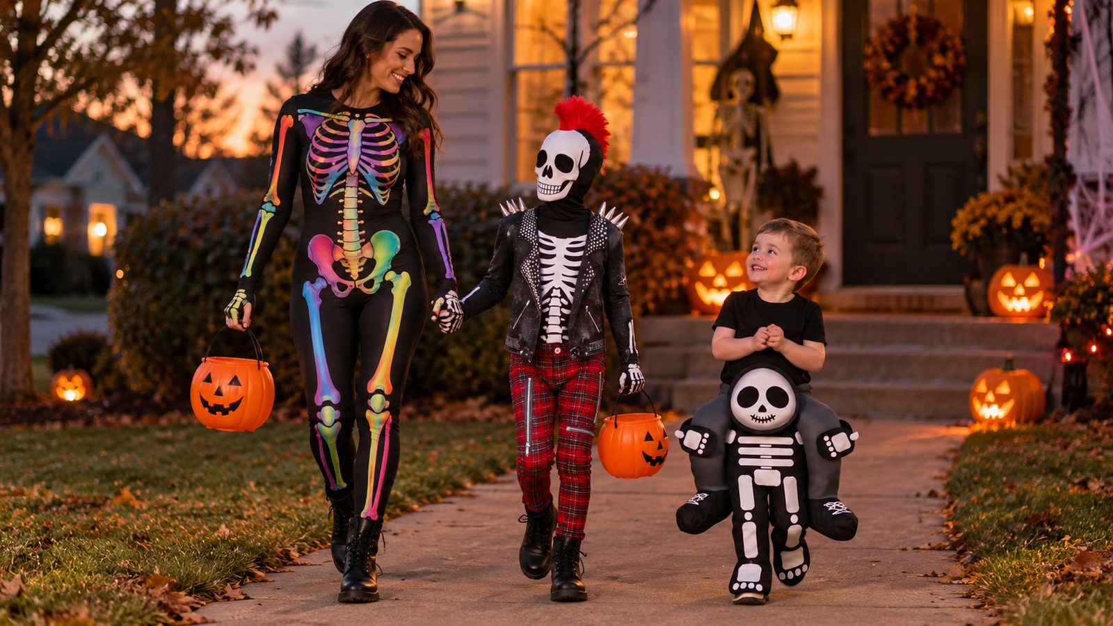 A woman in a colorful skeleton bodysuit, a child in a punk skeleton Morphsuit with foam shoulder spikes and a red mohawk, and a toddler wearing a piggyback costume that creates the illusion of being carried by a skeleton