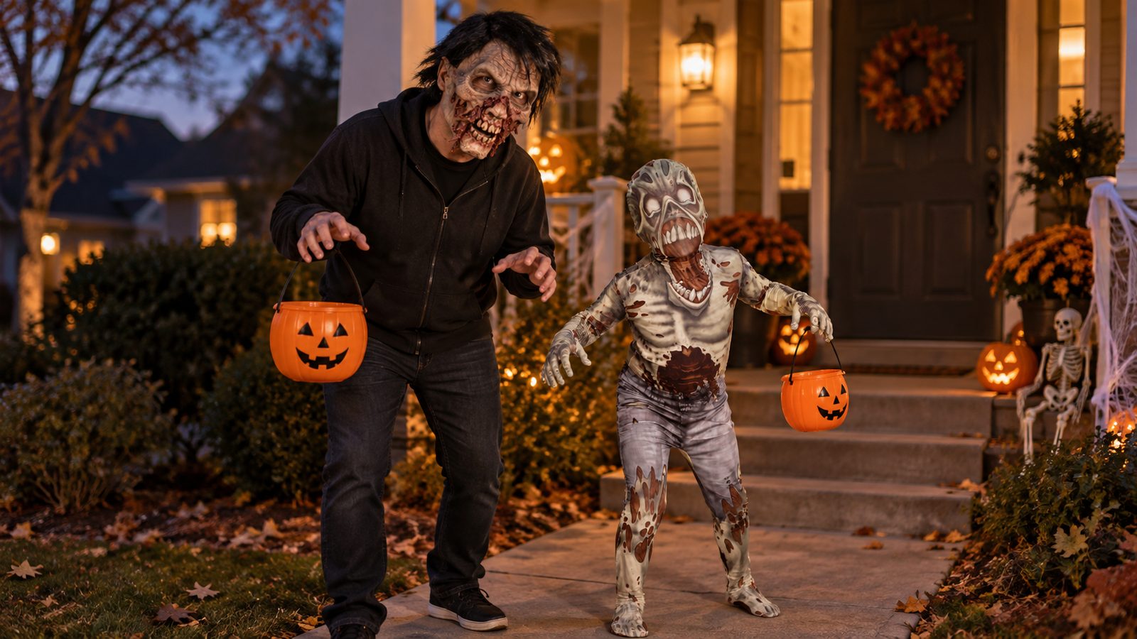 A group of matching zombie-costumed trick-or-treaters approaching in the dark