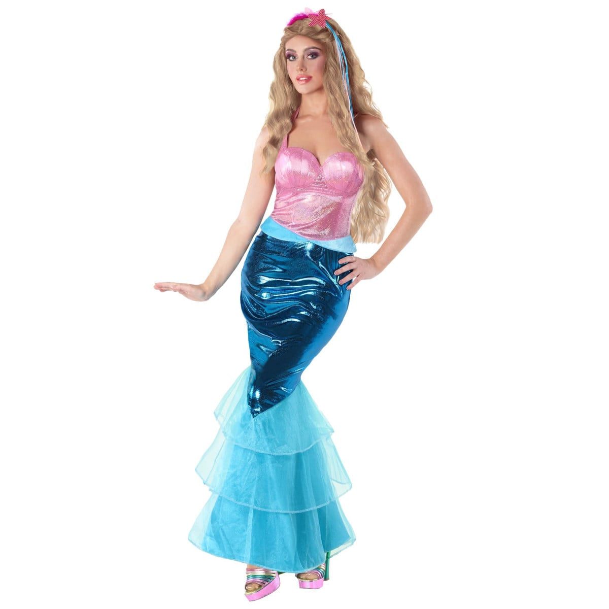 Woman with long wavy hair worn loose wearing a shimmering pink and blue mermaid costume dress with a matching headband