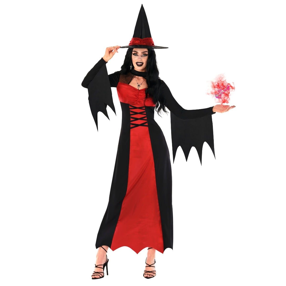 Woman with dark hair worn loose under a pointed witch hat, wearing a black and red witch dress with a sweetheart neckline