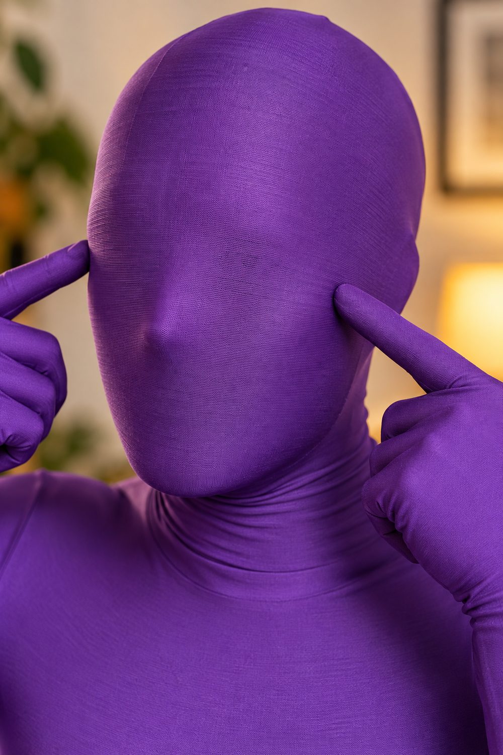 Close-up of a solid purple full-body Morphsuit's face area, showing the fine stretch knit fabric worn over the head