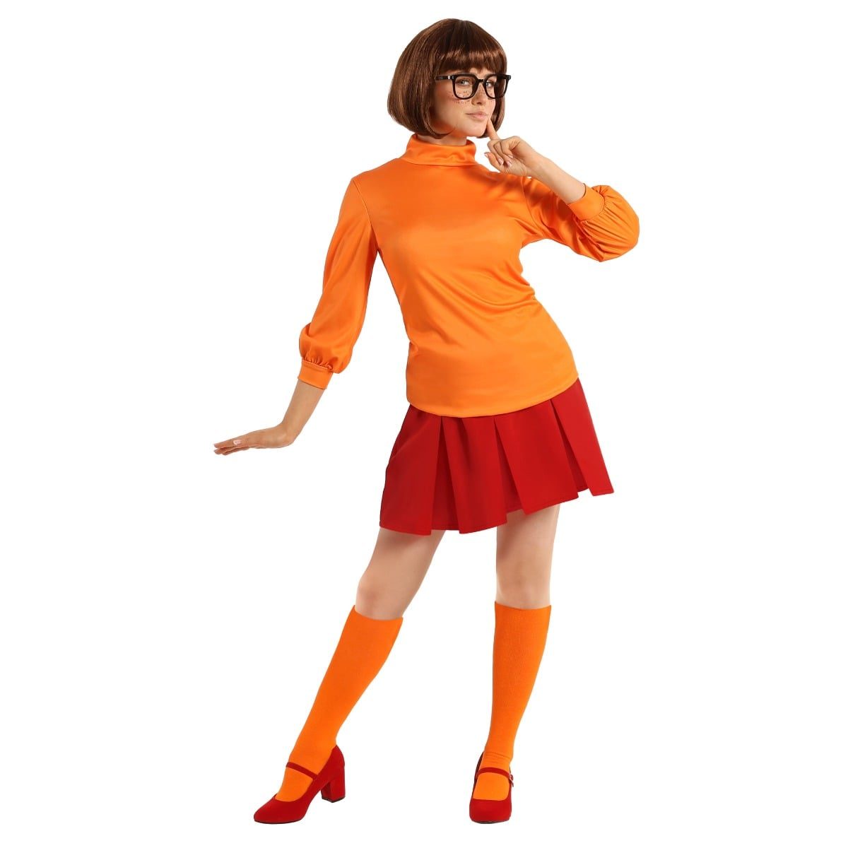 Woman in an orange cartoon-detective costume with a long-sleeved orange top, a pleated skirt, knee-high knitted socks, thick black glasses, and a brown bob wig