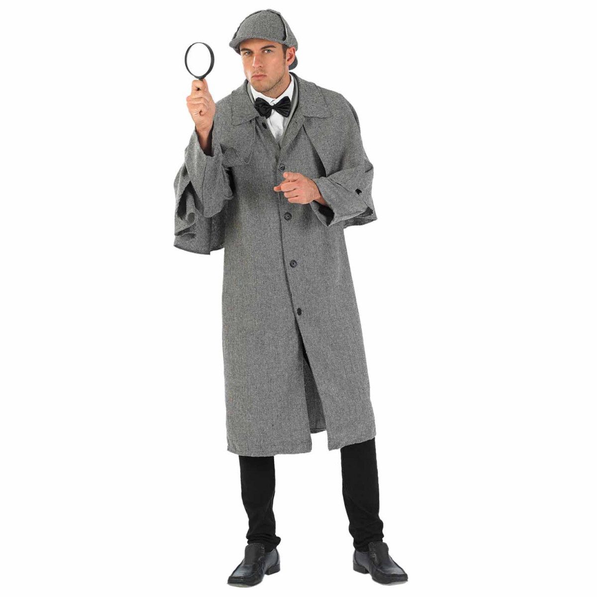 Man in a Victorian detective costume with a caped coat, a vest with an attached shirt and tie, and a double-peaked hat
