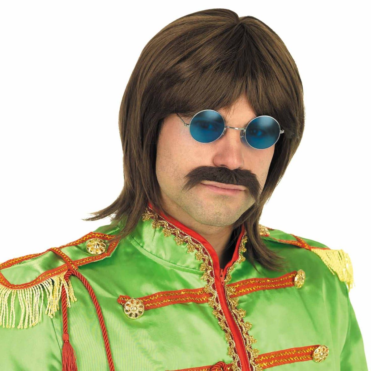 A brown 1960s shag-style wig with round blue-tinted glasses and a matching mustache
