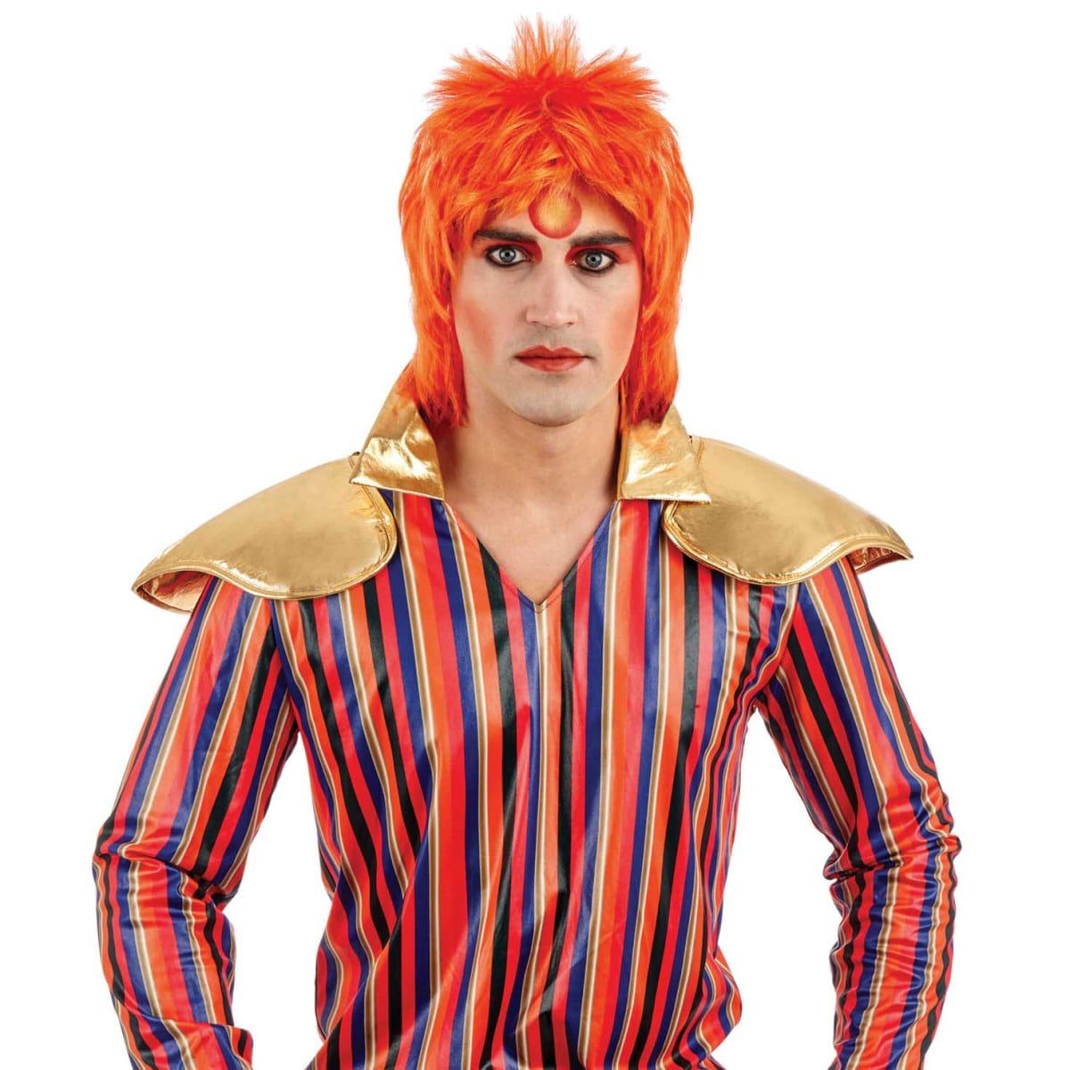 A short spiked wig in bold orange-ginger, styled in a glam-rock cut