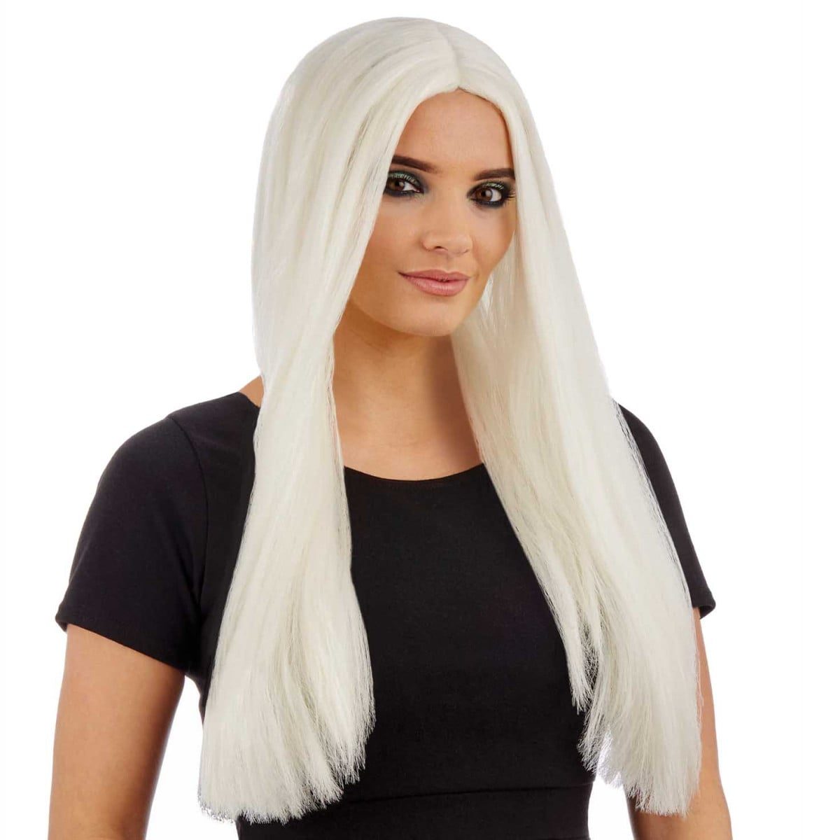 A long white wig, styled straight, designed to glow under ultraviolet or blacklight