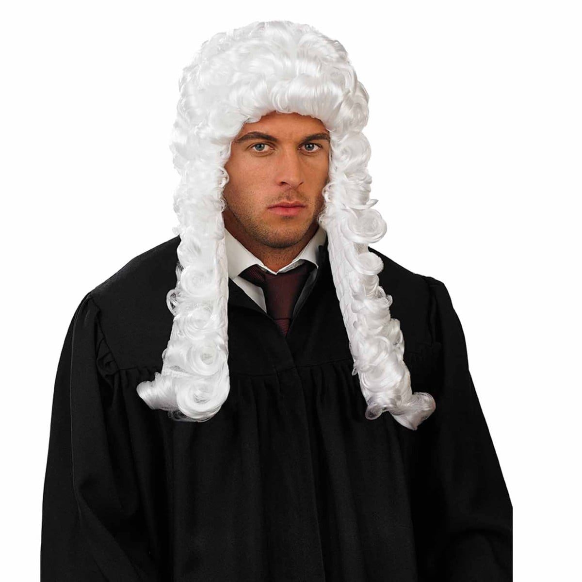 A long, curly white wig styled as a traditional courtroom judge's wig, with ringlet curls falling past the shoulders