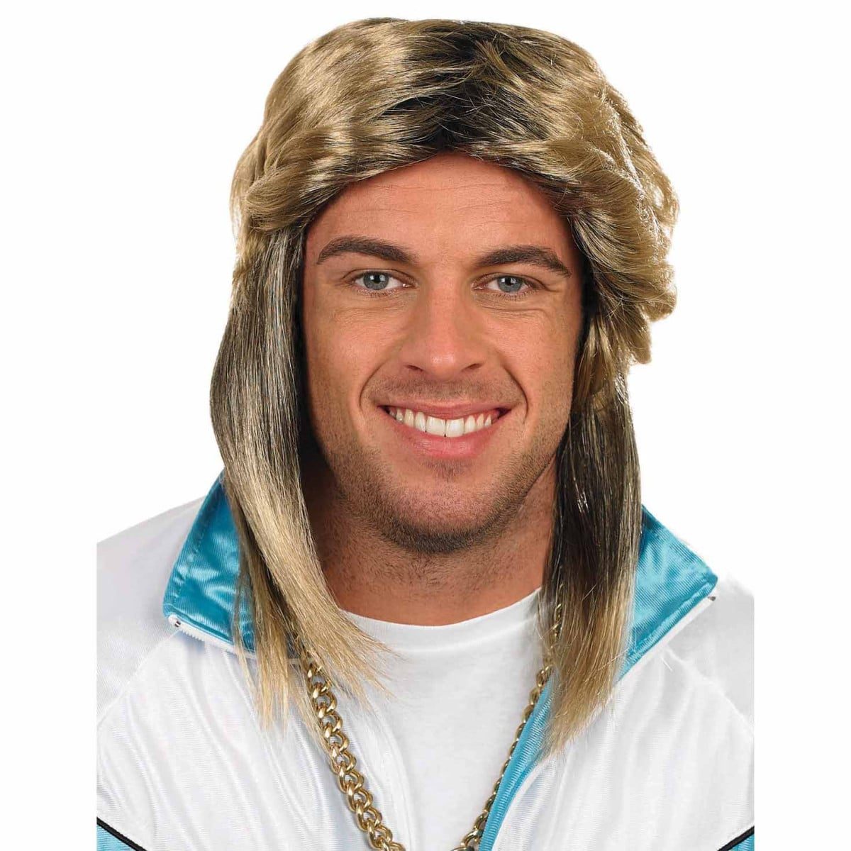 A two-tone blonde and brown mullet wig, short on top and long at the back