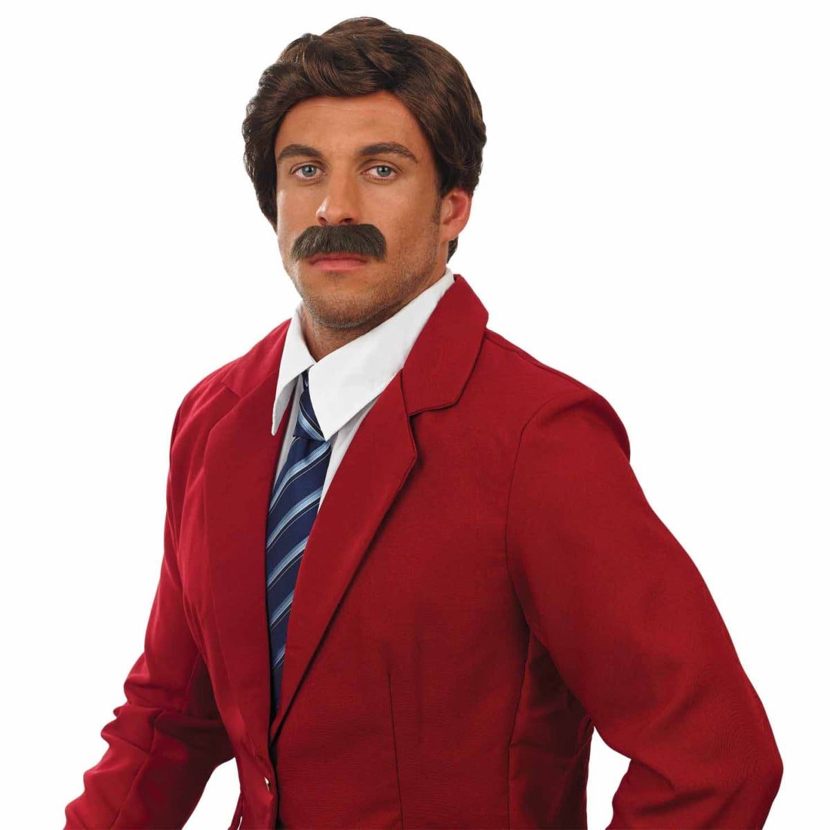 A side-parted wavy brown wig with a thick brown mustache, styled as a 1970s television newsreader look
