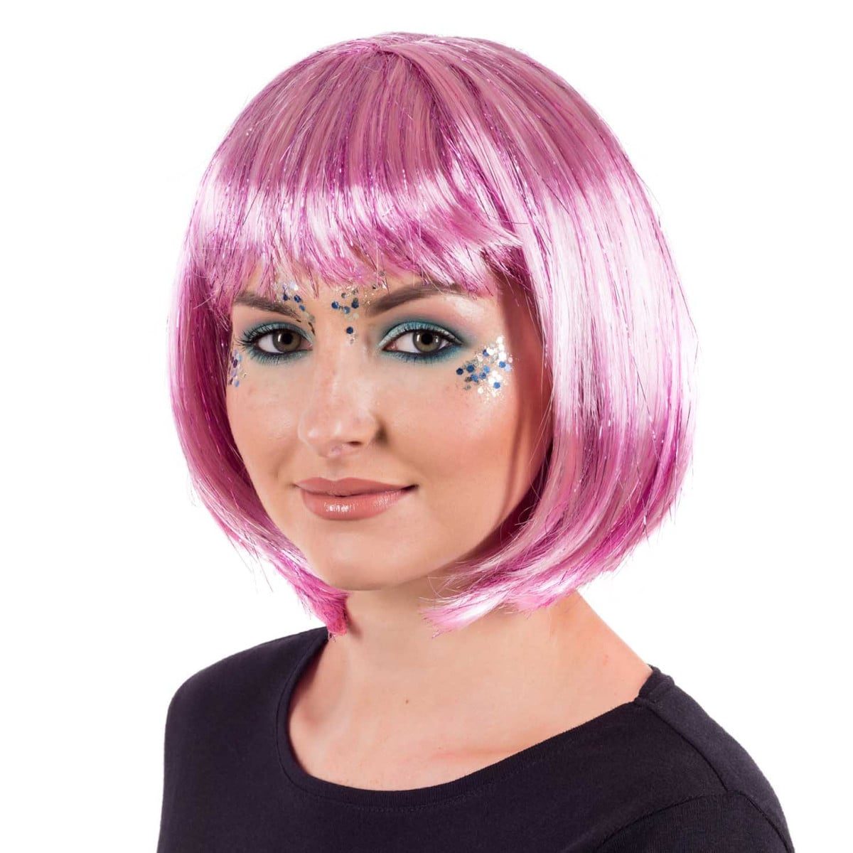 A chin-length pink glitter bob wig with a blunt fringe