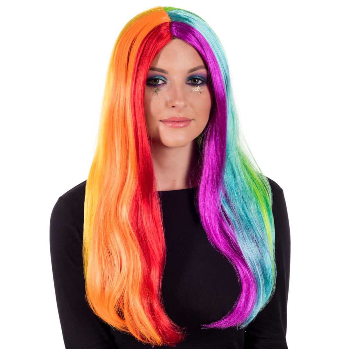 A long, straight rainbow-colored wig with distinct orange, red, purple, and teal panels