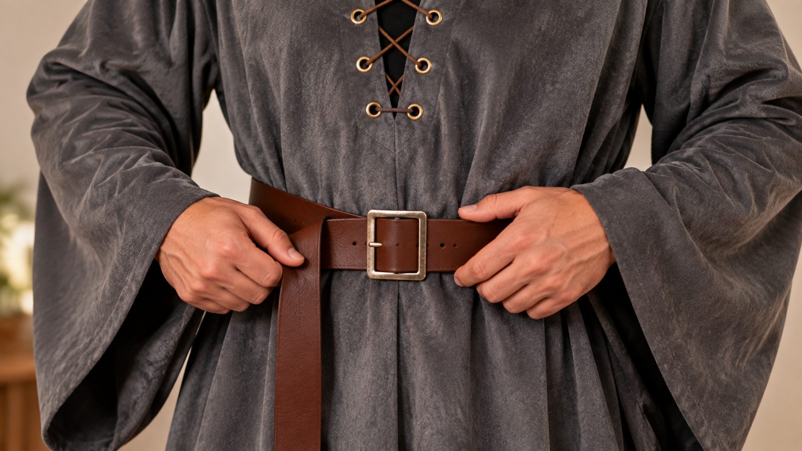 Close-up of an adjustable brown belt with a silver buckle cinched over a gray hooded wizard robe with eyelets and lace-up neckline