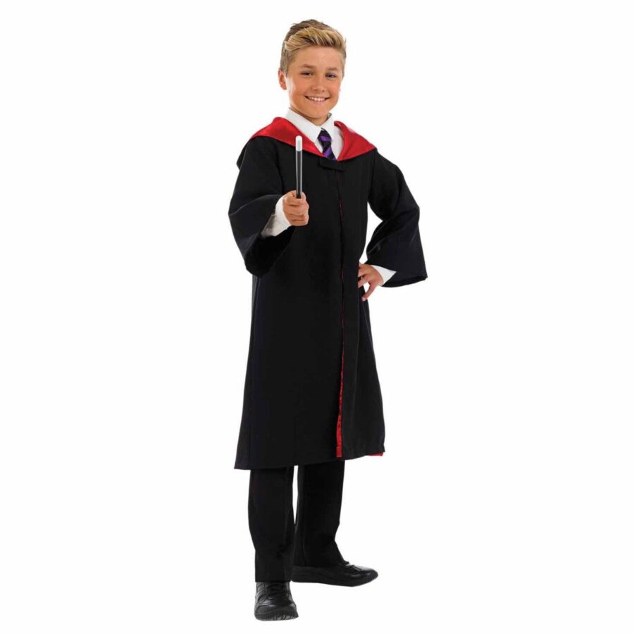 Child in a full-length black hooded wizard robe holding a magic wand