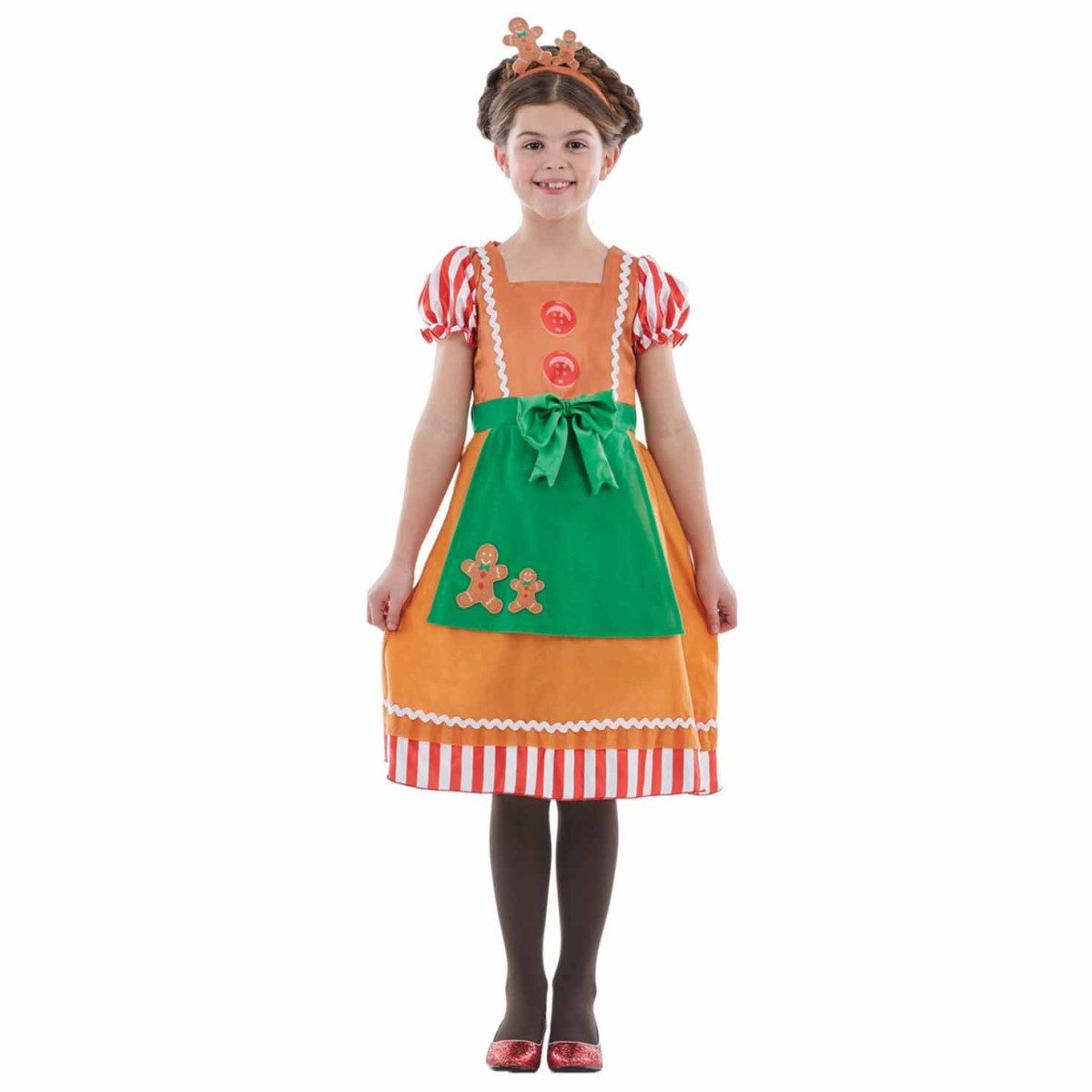 Girl in a brown kids gingerbread dress costume with decorative buttons, striped puff sleeves, green bow apron, and matching gingerbread headband