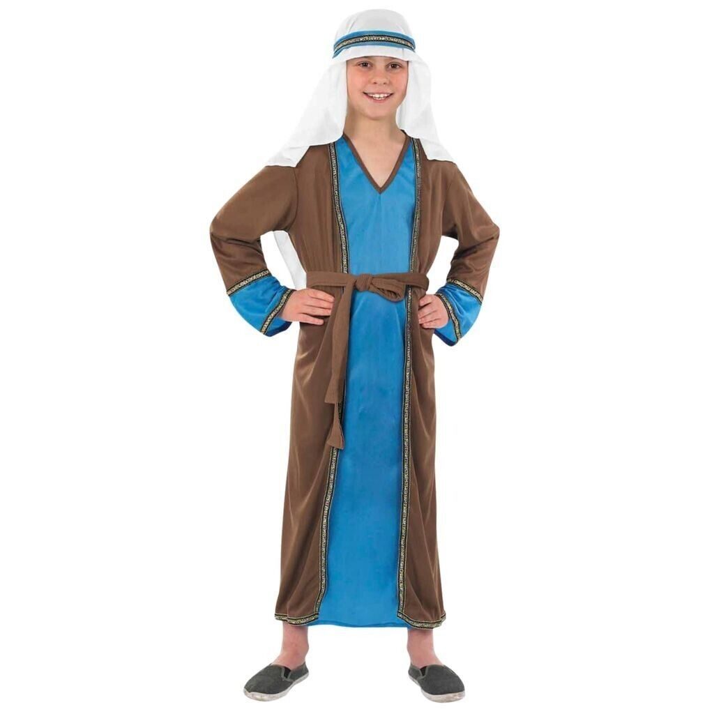 Boy in a kids Joseph nativity costume with a long blue tunic, brown jacket, white rope belt, and white headpiece