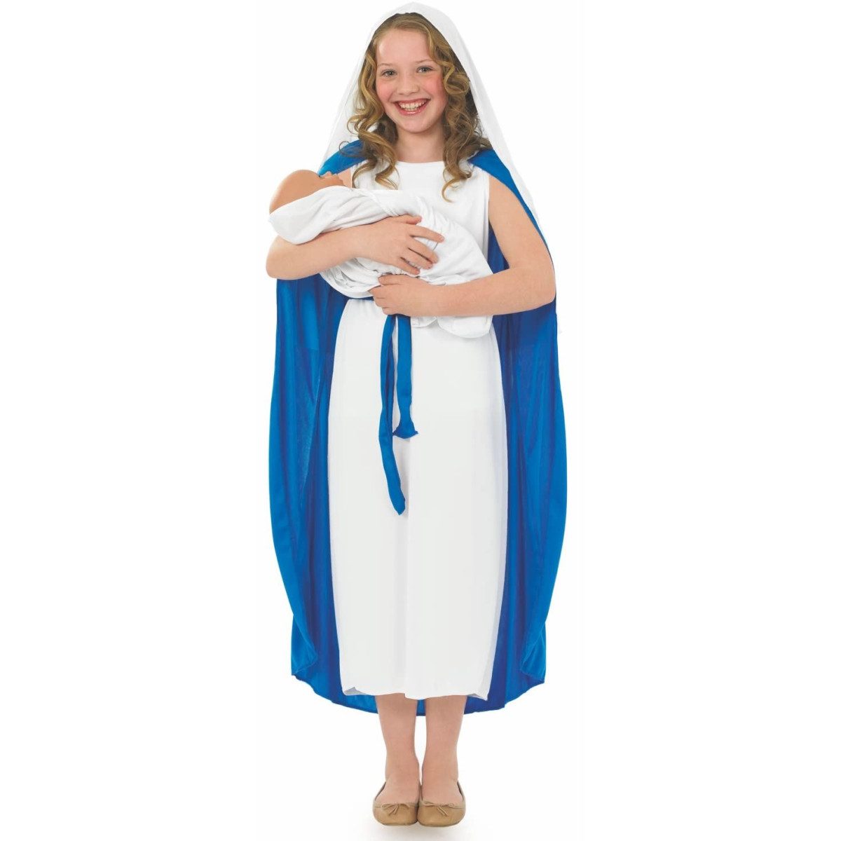 Girl in a kids Mary nativity costume with a long white tunic, royal blue cape, belt, and white headdress