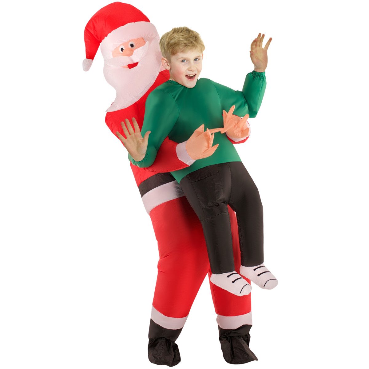 Child in an inflatable pick-me-up Santa costume that looks like Santa Claus carrying the child on his back