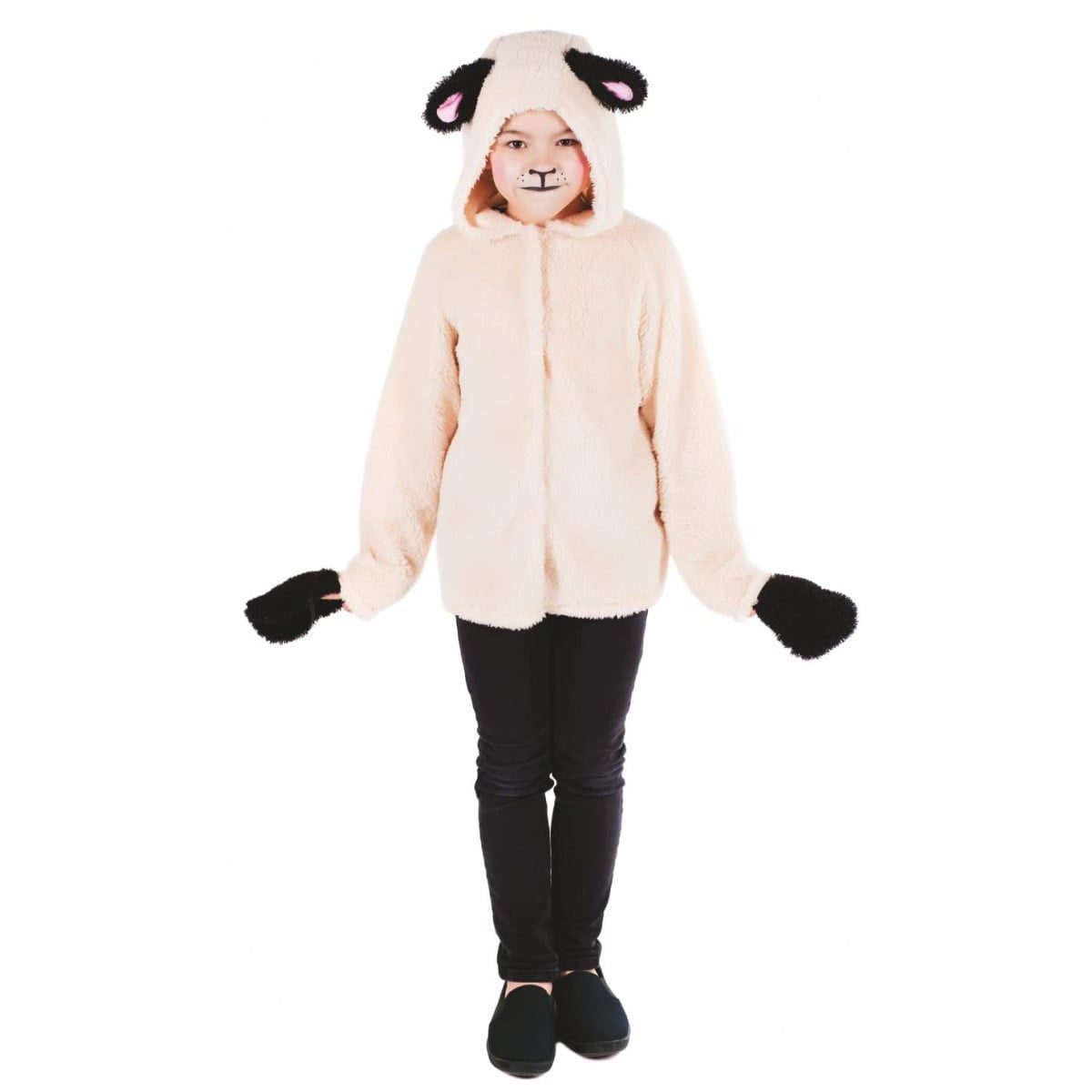 Child in a fluffy white kids sheep nativity costume, a hooded top with 3D ears sewn into the hood