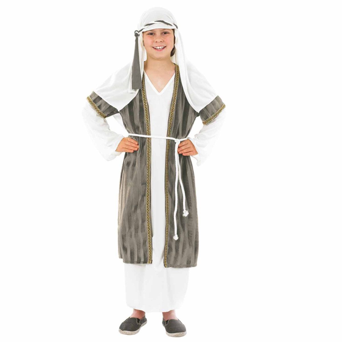 Child in a kids gray shepherd nativity costume with a white tunic, gray striped jacket with gold trim, rope belt, and traditional headdress