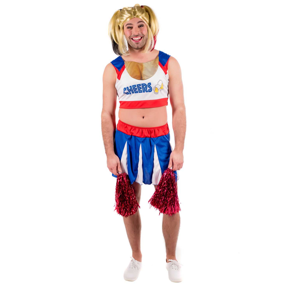Adult in a blue and multi-colored cheerleader crop top and skirt with red pom-poms, the base garment before adding zombie distressing and makeup