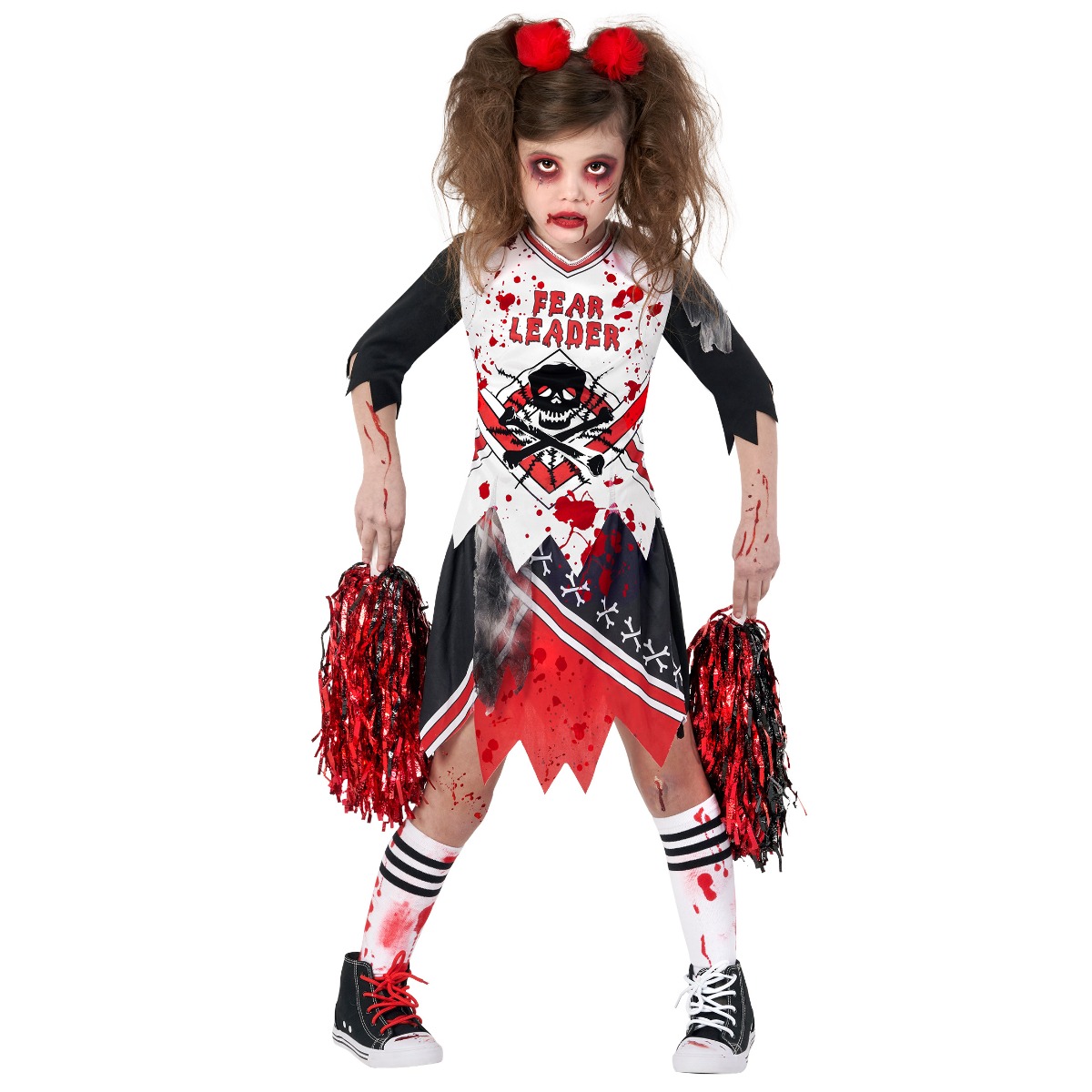 Child in a burgundy blood-splattered cheerleader top and matching pleated skirt, holding red and black metallic pom-poms