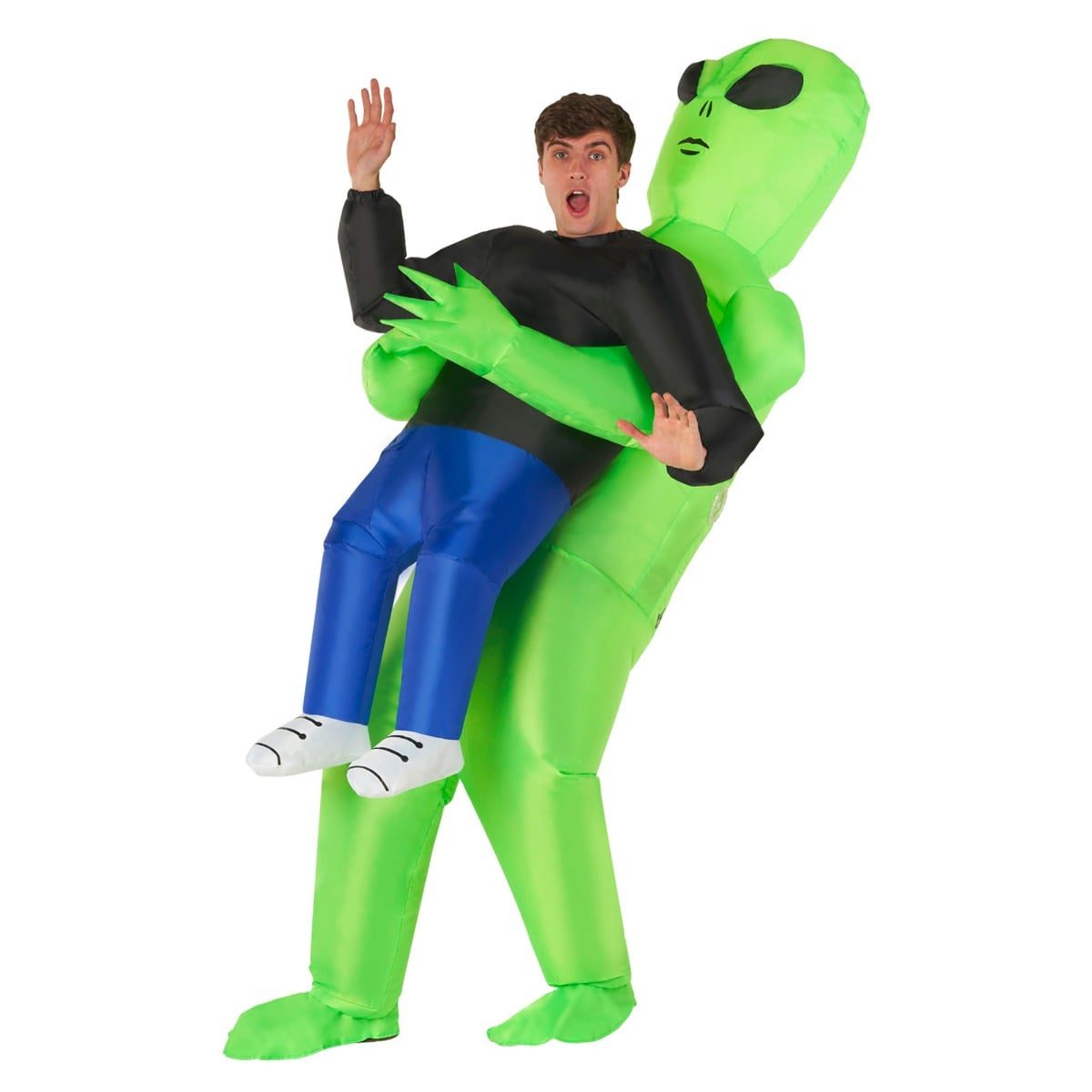 Adult wearing a giant inflatable alien pick-me-up costume that creates the illusion of an alien carrying a person