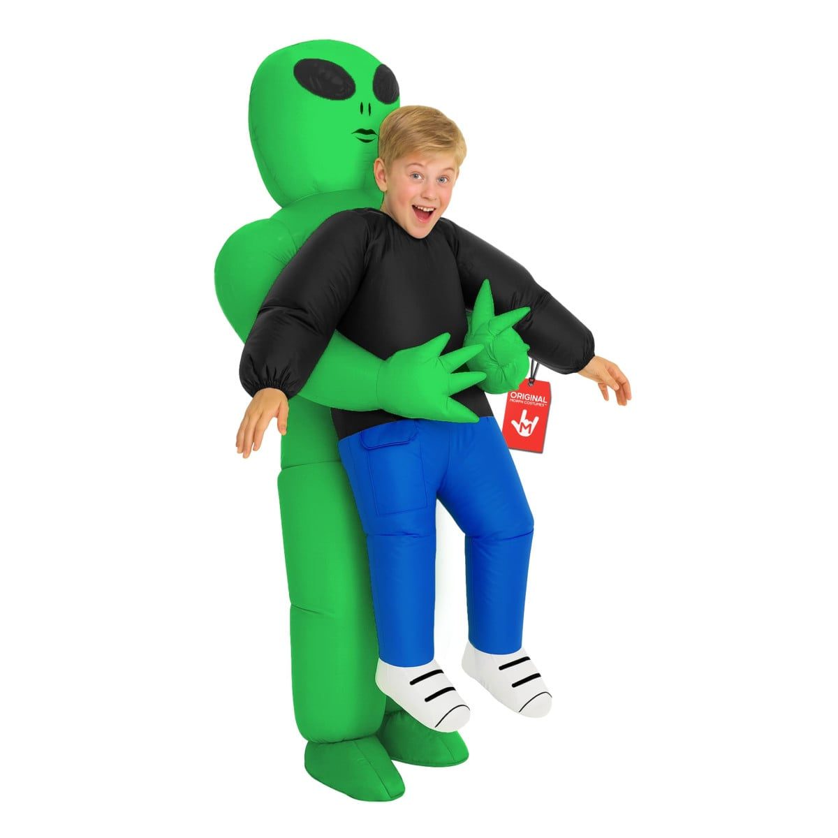 Child wearing a giant inflatable alien pick-me-up costume that creates the illusion of an alien carrying them