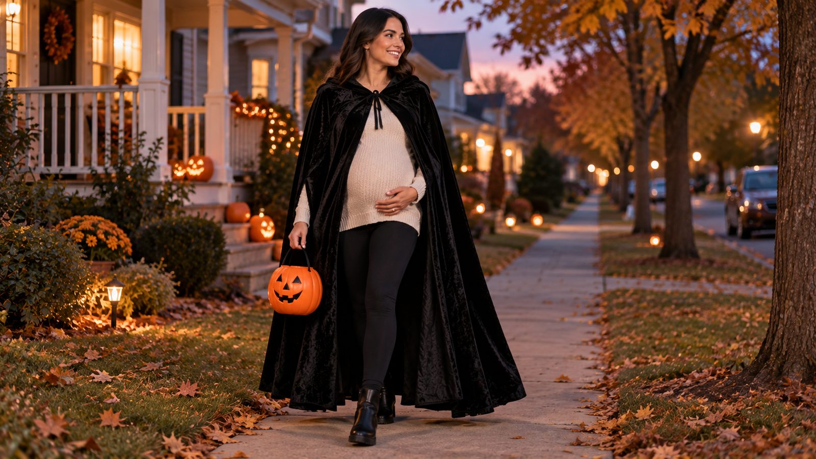 Pregnant woman wearing a black hooded velour cape over her own clothes, cape draping loosely over her bump