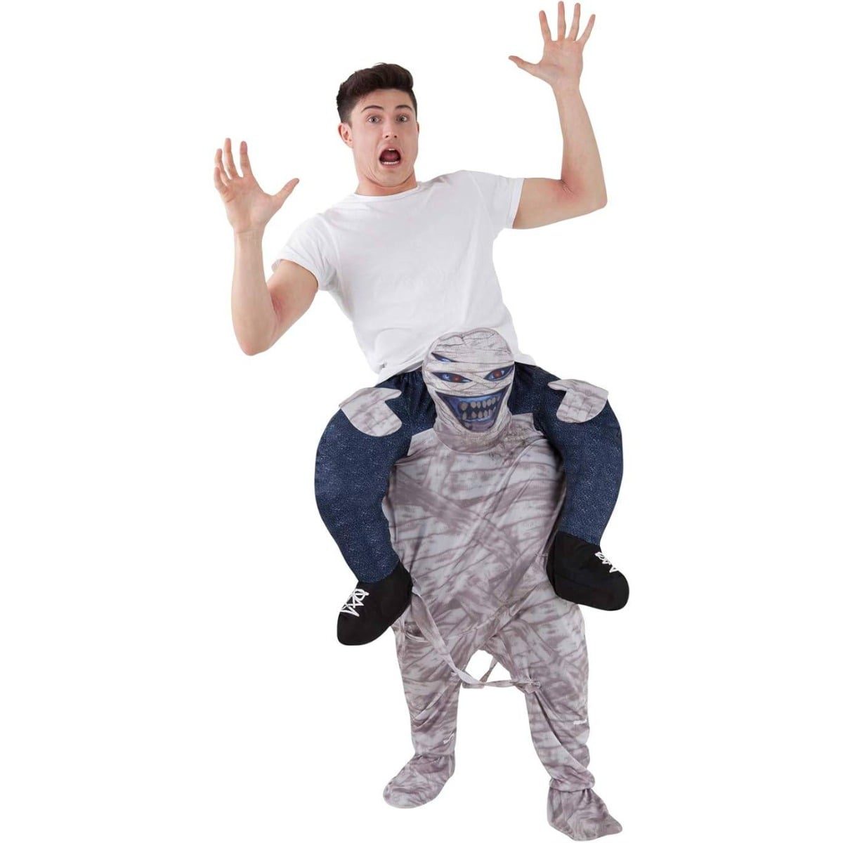 Mummy Costume Piggyback, a costume suit built as a ride-on illusion so it looks like a bandaged mummy is giving the wearer a lift, on a plain background