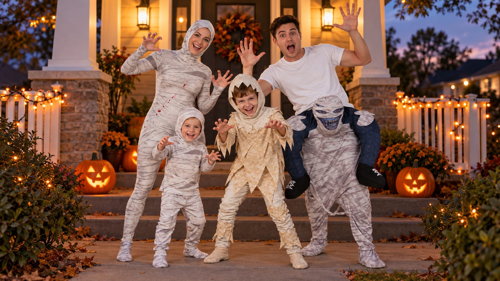 A family of four on a porch at dusk on Halloween, a father in a mummy piggyback costume, a mother in a bandage-print mummy Morphsuit, a boy in a two faced mummy costume with one mask up, and a toddler in a toddler mummy piggyback costume