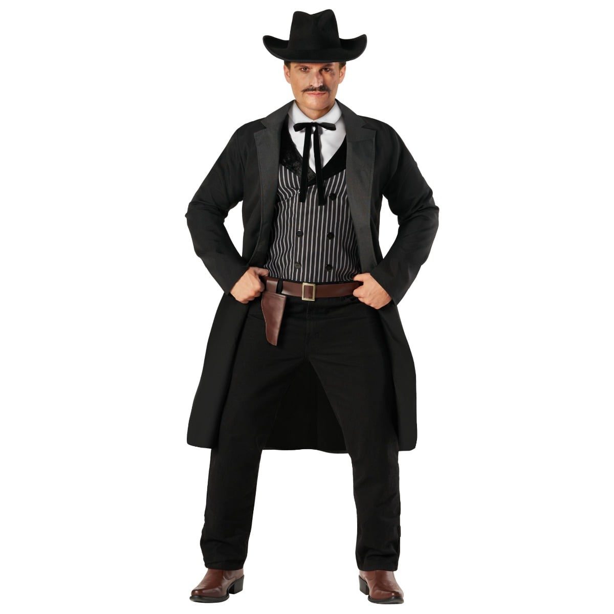 Man wearing an all-black western costume with a long jacket, pinstriped vest, white bib with necktie, cowboy hat and holster accessories