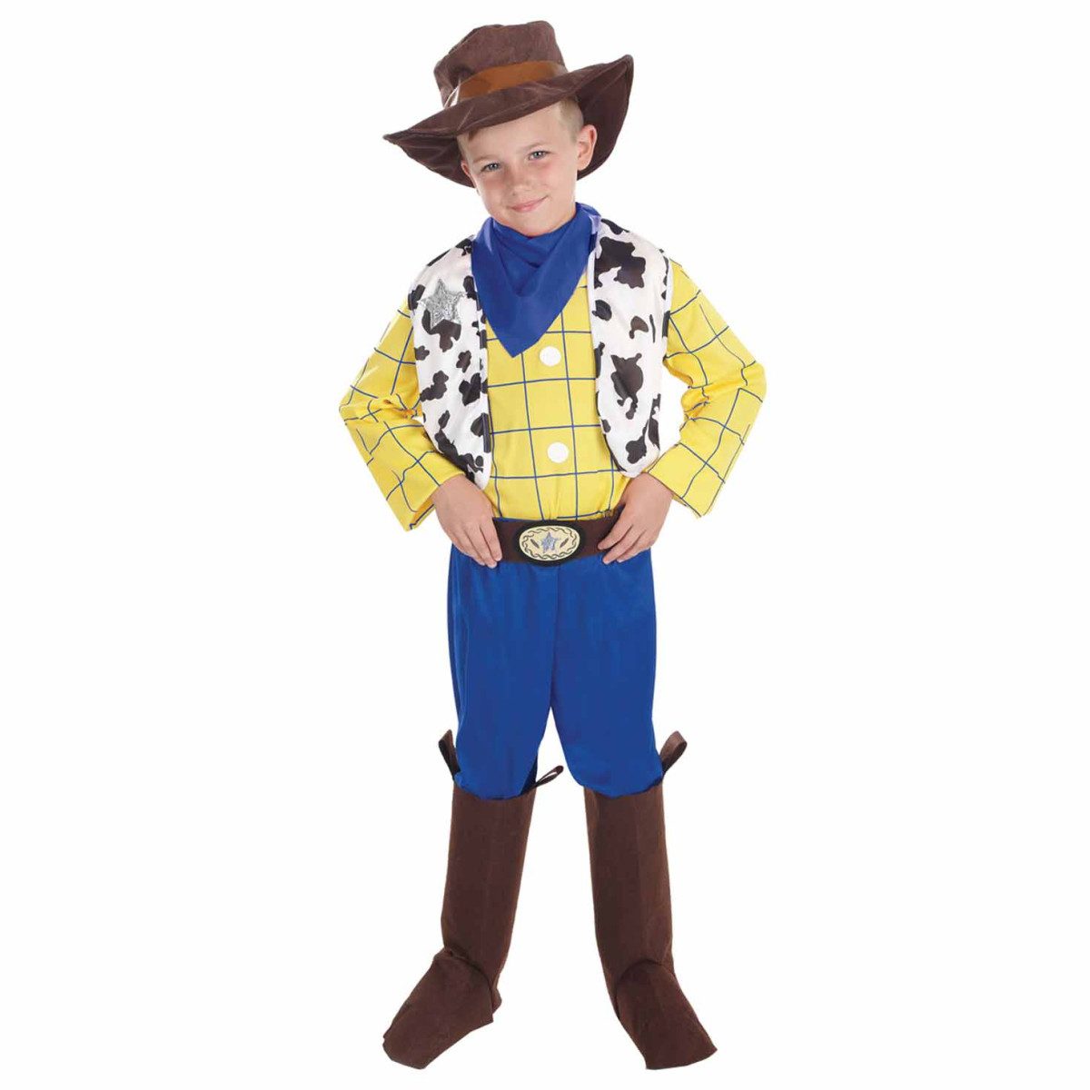 Boy wearing a seven-piece cowboy costume with a yellow checked top, cow print vest, blue pants, buckled belt, neck scarf, boot covers and a cowboy hat