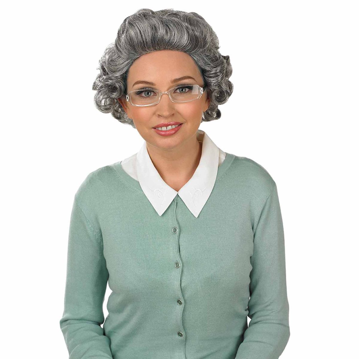Gray Granny Loose Curl Wig with granny glasses included, styled with a cardigan for a Grandma character