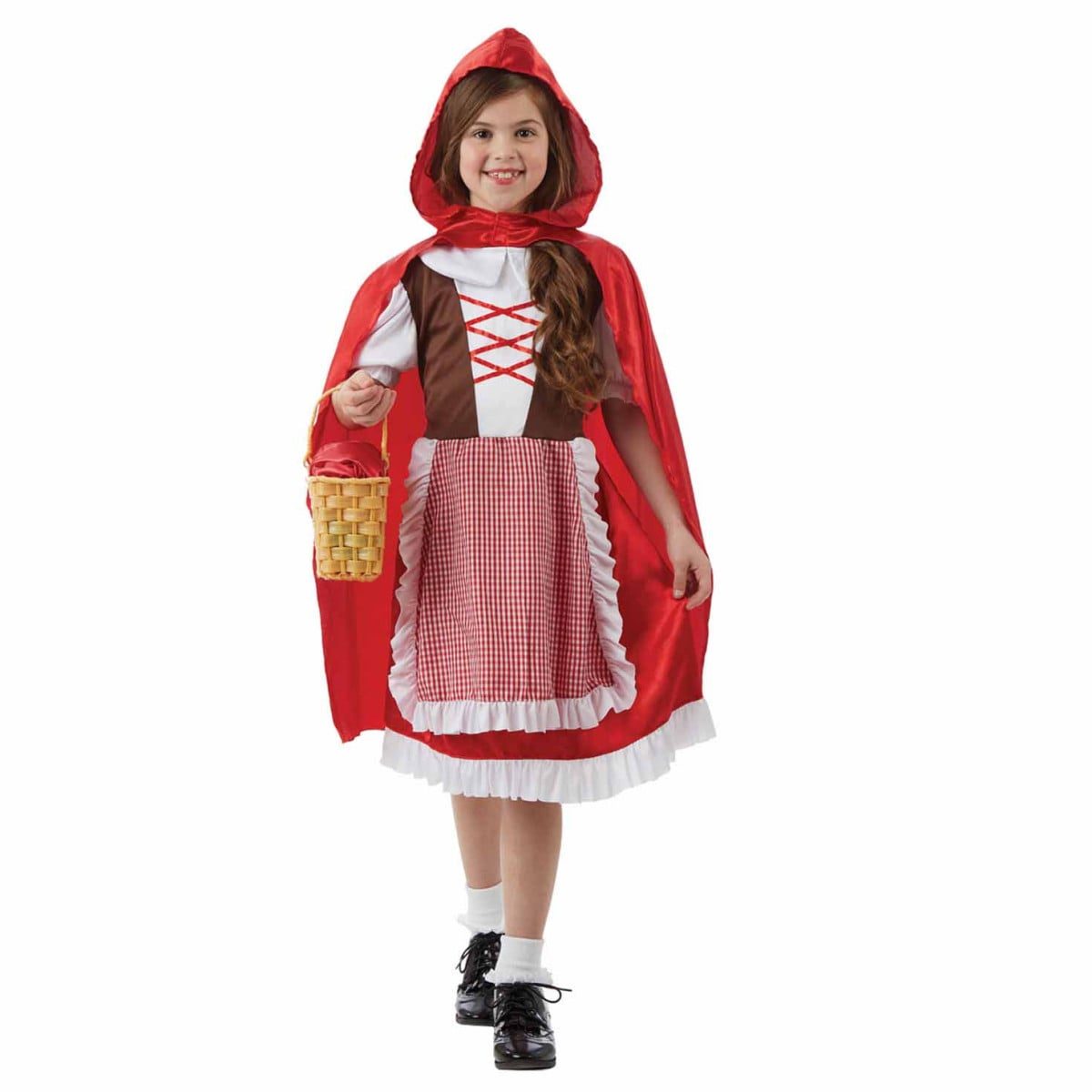 Kids Red Fairytale Cape Costume, a red and white dress with a checked apron front and a matching red hooded cape