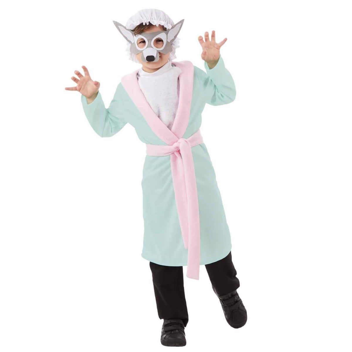 Kids Fairytale Wolf Costume, a blue and pink robe with an attached wolf tail, a faux fur bib, a white bonnet and a wolf mask