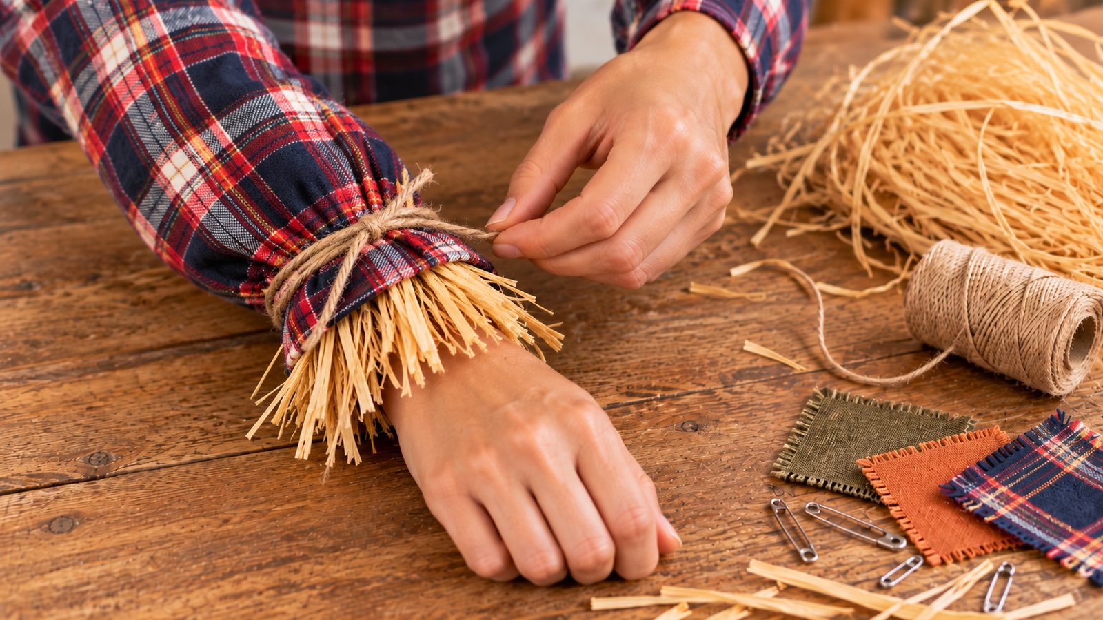 Hands tying a bundle of raffia into a cuff over a plaid flannel shirt sleeve, step three of making a scarecrow costume