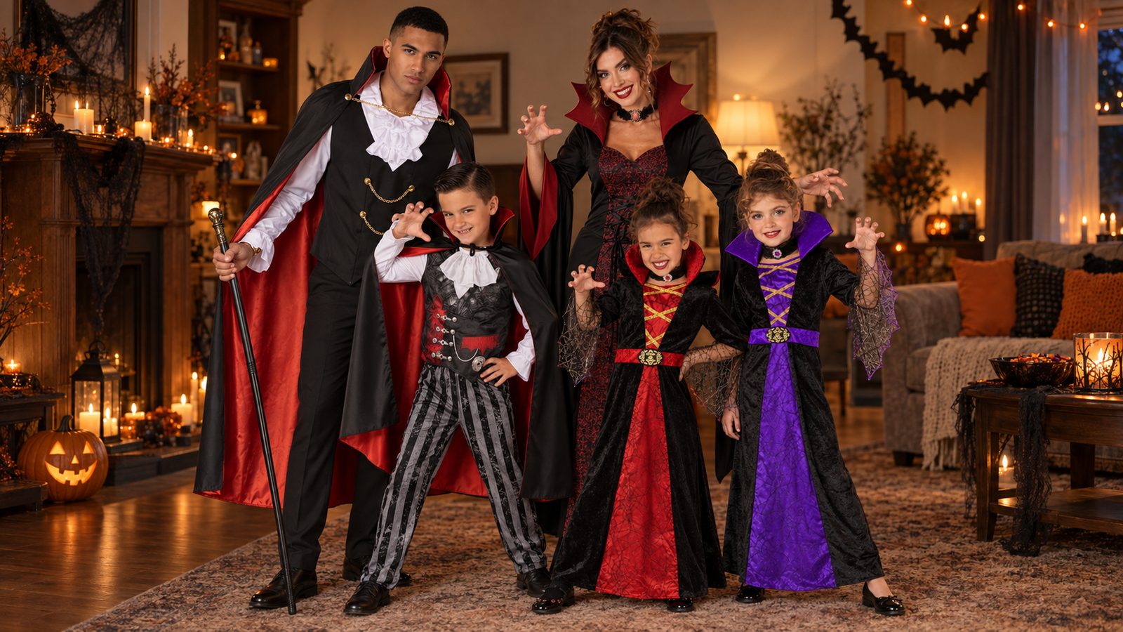 A family of five in vampire costumes in a candlelit living room: a man in a red-lined vampire cape with a cane, a woman in a long black and red vampiress dress, a boy in a caped count costume and two girls in long red and purple vampiress dresses