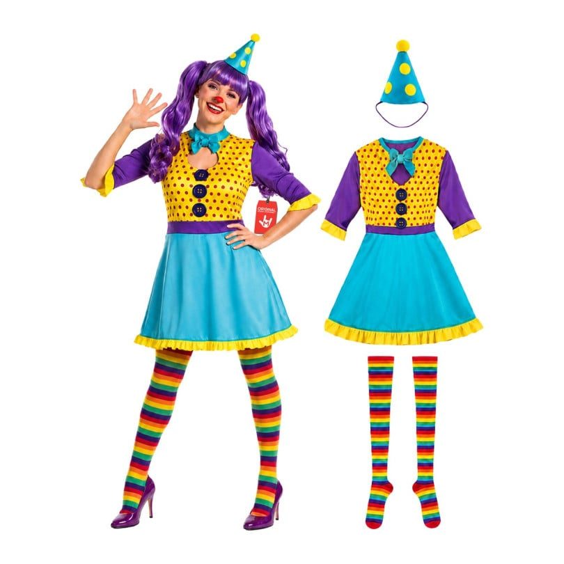 Woman modeling the MorphCostumes Women's Cheeky Clown Costume, a colorful clown dress with attached braces, striped stockings, bow tie and pointed hat